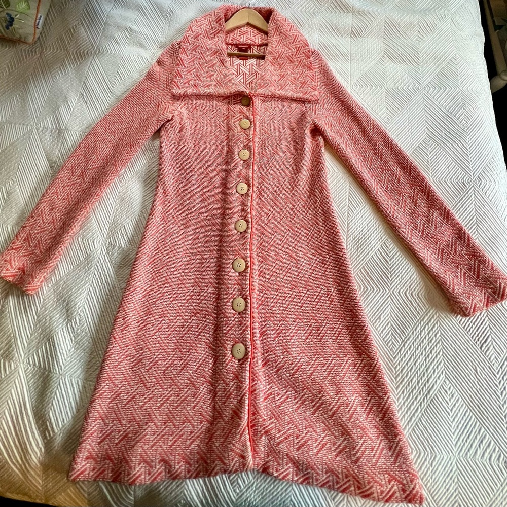 Sundance Button Front Collared Long Cardigan Sweater Orange/White Knit Medium